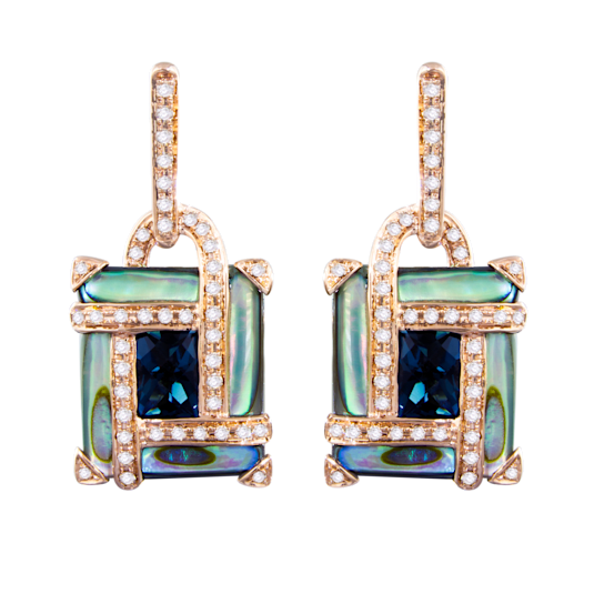 BELLARRI 14kt Rose Gold Abalone and London Blue Topaz Earrings from the
Anastasia Collection