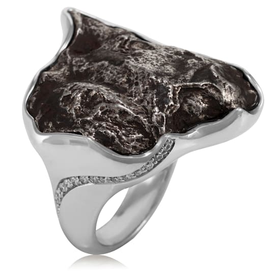 One-of-a-Kind Sikhote-Alin Meteorite and Diamond 14K White Gold Ring