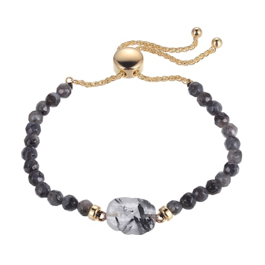 SILVER/GOLD PLATED  BLACK RUTILE BEADS WITH LAVRIKITE STONE BOLO BRACELET