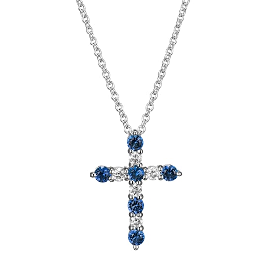 1/8 cttw Lab Grown Diamond and Created Blue Sapphire Sterling Silver
Cross Pendant Necklace