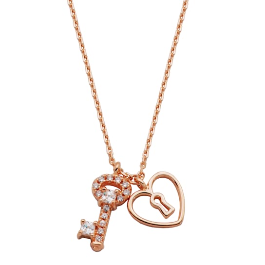 14K Rose Gold Sterling Silver Cubic Zirconia Lock and Key Pendant Necklace