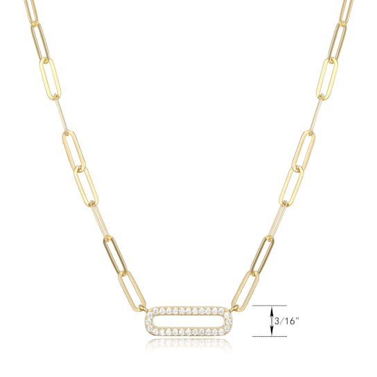 Yellow Gold Plated Sterling Silver Cubic Zirconia Lined Oval Link Paper
Clip Necklace, 18" + 2"