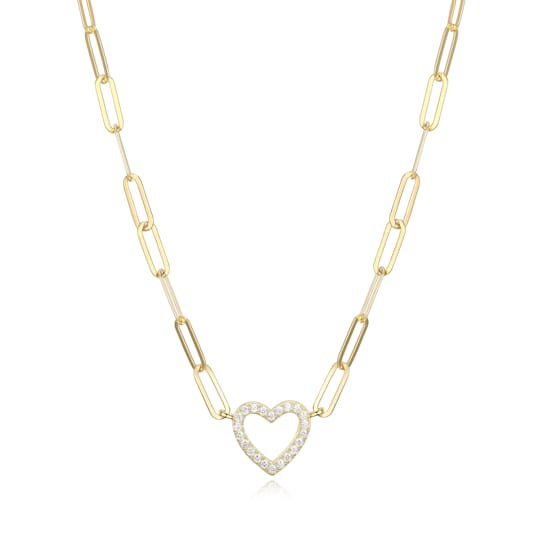 Yellow Gold Plated Sterling Silver Cubic Zirconia Open Heart Paper Clip
Necklace, 18" + 2" Extension