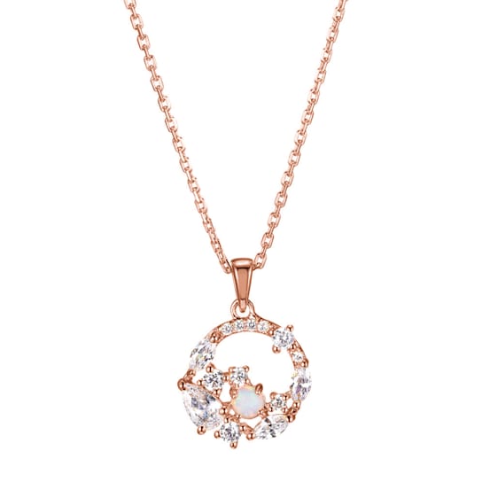 14K Rose Gold Sterling Silver Created Opal and Cubic Zirconia Cluster
Pendant Necklace