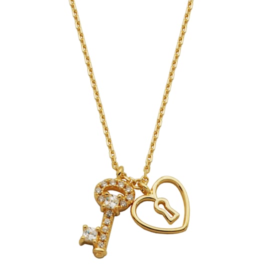 18K Yellow Gold Sterling Silver Cubic Zirconia Lock and Key Pendant Necklace