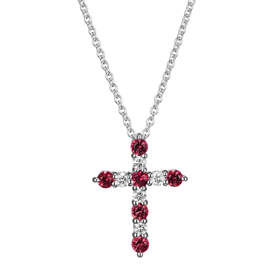 1/8 cttw Lab Grown Diamond and Created Ruby Sterling Silver Cross
Pendant Necklace