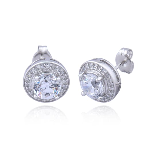 Rhodium Plated Sterling Silver Cubic Zirconia Classic Halo Stud Earrings