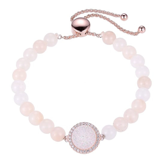 SILVER/ROSE GOLD PLATE PINK AVENTURINE BEADS WITH CREATED WHITE SAPPHIRE
AND DRUSY BOLO BRACELET
