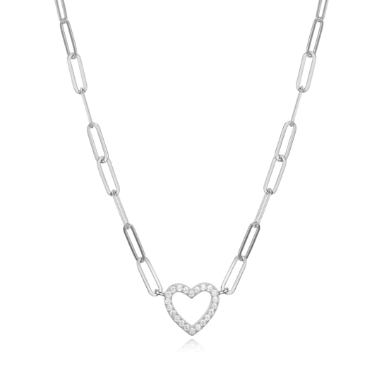 925 Sterling Silver Cubic Zirconia Open Heart Paper Clip Necklace,
18" + 2" Extension