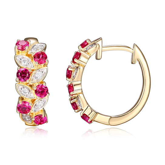 Lab-Created Ruby and Lab-Grown Diamond 18K Yellow Gold Over Sterling
Silver Hoop Earrings