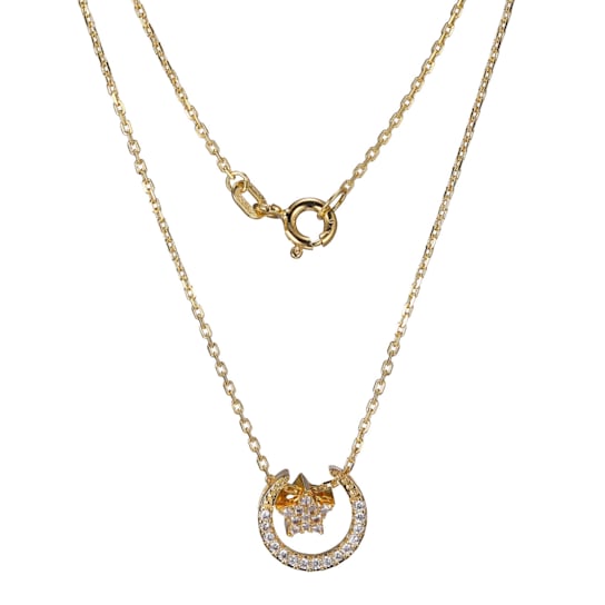 18K Yellow Gold Sterling Silver Cubic Zirconia Moon and Star Pendant Necklace