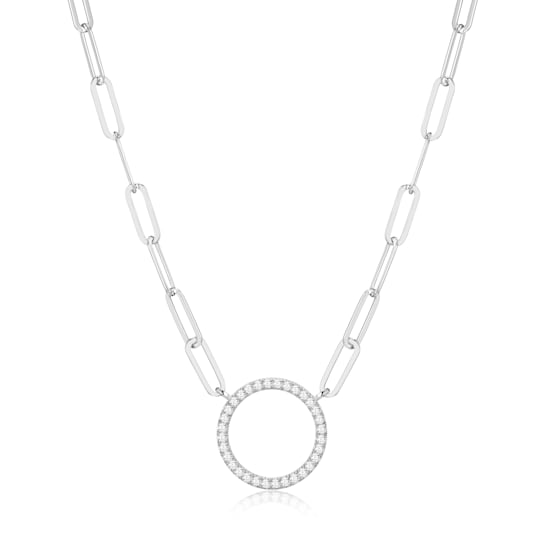 925 Sterling Silver Cubic Zirconia Lined Circle Paper Clip Necklace,
18" + 2" Extension