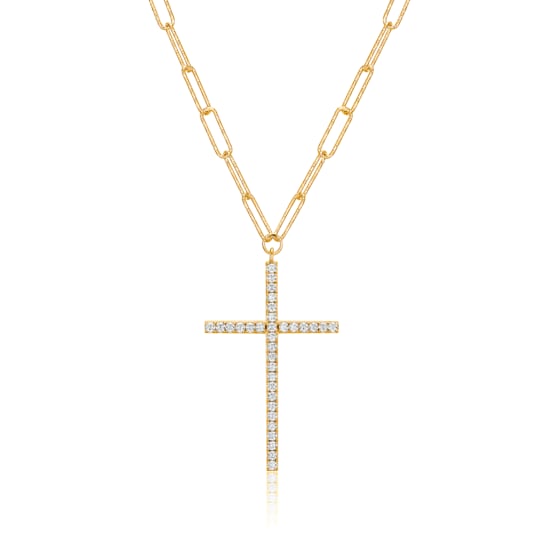 Yellow Gold Plated Sterling Silver Cubic Zirconia Cross Paper Clip
Necklace, 18" + 3" Extension