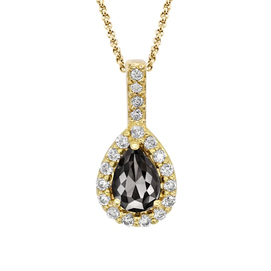 Black and White Diamond Halo Pendant Pear Drop in 14K Yellow Gold With
Chain (0.77 Cttw)