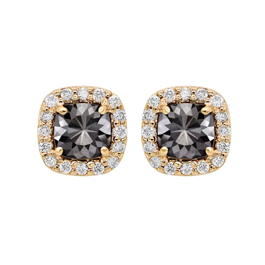 Cushion Shape Black Diamond And Round White Diamond Halo Studs In 14k
Yellow Gold (2.80 Cttw)