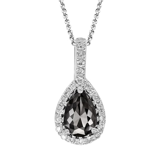 Black and White Diamond Halo Pendant Pear Drop in 14K White Gold With
Chain (1.25 Cttw)