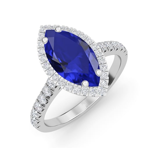Marquise Blue Sapphire and White Lab Grown Diamond 14K White Gold Ring.