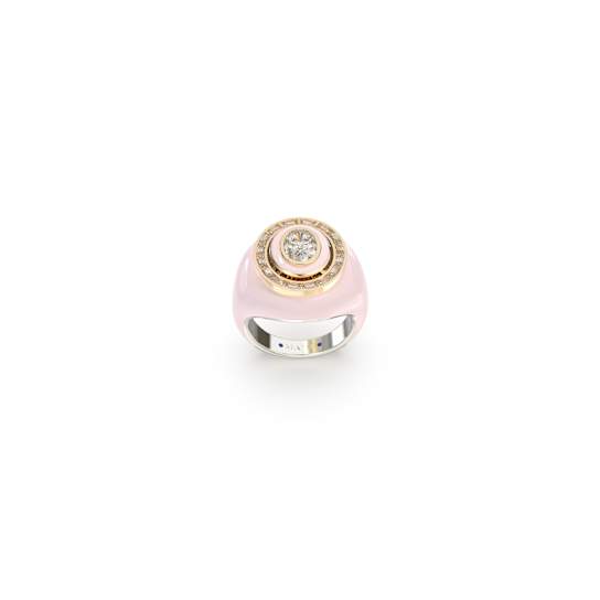 Pink Enamel and Lab Diamond Signet Ring In Sterling Silver