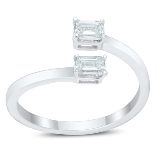 0.90 Ct Two Stone Emerald Cut Sideways Bypass Ring in 14K White Gold.