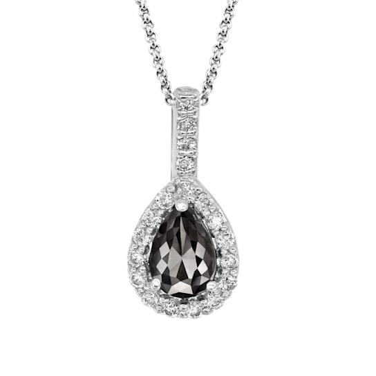 Black and White Diamond Halo Pendant With Chain Pear Drop in 14K White
Gold (0.77 Cttw)