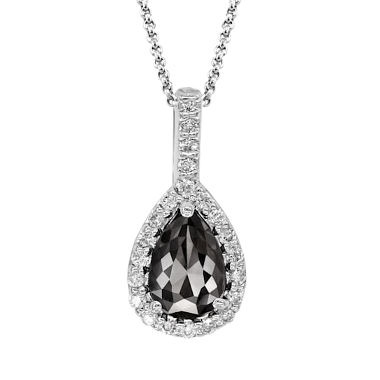 Black and White Diamond Halo Pendant With Chain Pear Drop in 14K White
Gold With Chain (1.41 Cttw)