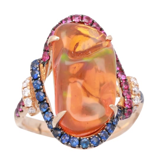 Gin & Grace 18K Yellow Gold Real Diamond Ring (I1) with Natural
Mexican Fire Opal