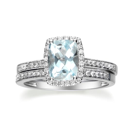 Gin & Grace 14K White Gold Blue Aquamarine Ring with Diamond