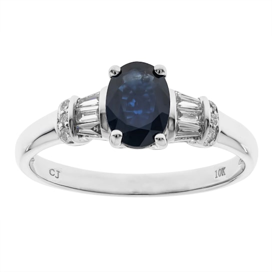 Gin and Grace 10K White Gold Natural Blue Sapphire Ring with Real Diamonds