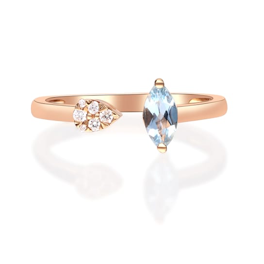 Gin & Grace 18K Rose Gold Real Diamond Ring (I1) with Genuine Aquamarine