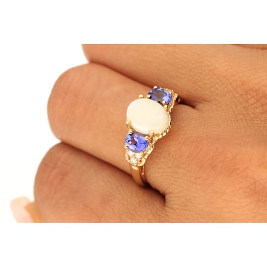 Gin & Grace 14K Yellow Gold Real Diamond Ring (I1) with Genuine
Tanzanite & Australian Opal