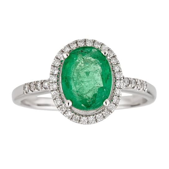 Gin & Grace 14K White Gold Real Diamond Ring (I1) with Natural Emerald