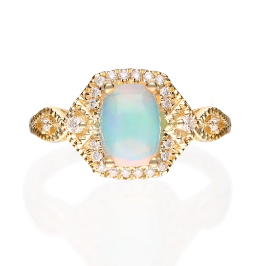 Gin & Grace 14K Yellow Gold Real Diamond Ring (I1) with Natural Opal