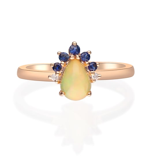 Gin & Grace 14K Yellow Gold Real Diamond Ring (I1) with Natural Opal
& Blue Sapphire