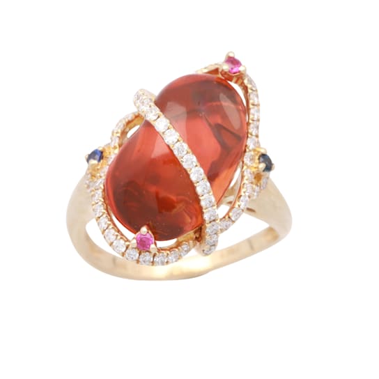 Gin & Grace 14K Yellow Gold Real Diamond Ring (I1) with Natural
Mexican Fire Opal