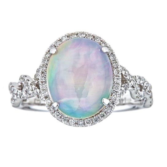 Gin & Grace 14K White Gold Real Diamond Ring (I1) with Natural Opal