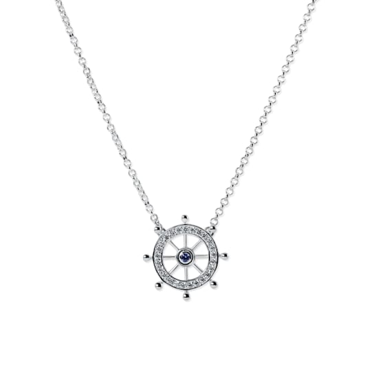 Sterling Silver Ship's Wheel Necklace with Rolo Chain and Crystal and CZ Accents.