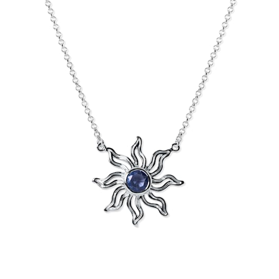 Sterling Silver Sun Necklace with Rolo Chain and Blue CZ Center.