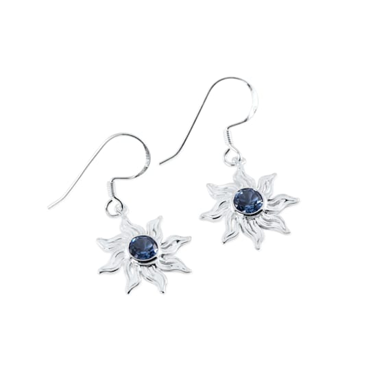 Sterling Silver Sun Dangle Earrings with Blue CZ Centers.