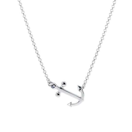 Sterling Silver Anchor Rolo Chain Necklace with Blue CZ Accent.