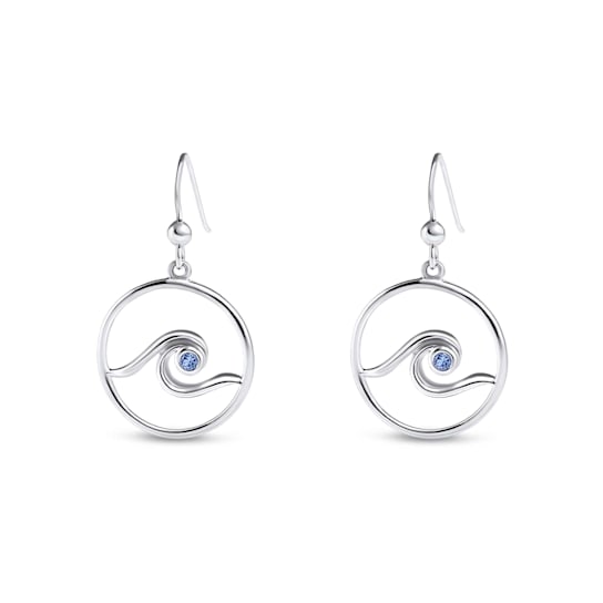 Sterling Silver Wave Dangle Earrings with Blue CZ Accents.