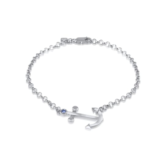 Sterling Silver Anchor Anklet with Blue CZ Accent.