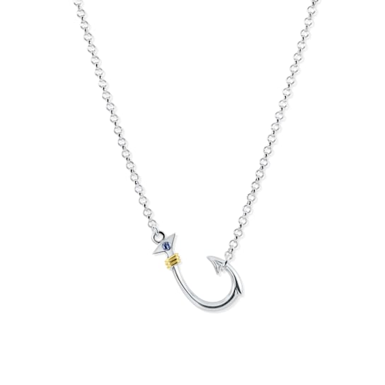 Sterling Silver Fishing Hook Necklace with Rolo Chain and Blue CZ Accent.