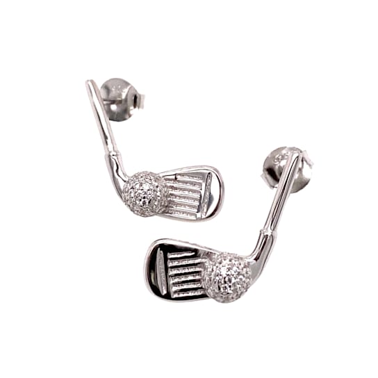 Sterling Silver Golf Club and Ball Crystal Accent Stud Earrings