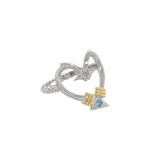 Sterling Silver Fishing Hook Heart Ring with Rope Design and Blue CZ Accent.