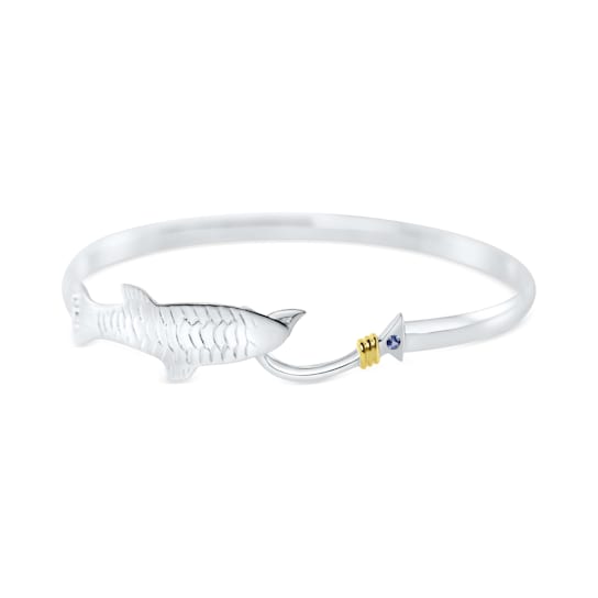 Sterling Silver Tarpon and Fishing Hook Bangle Bracelet with Blue CZ Accent.