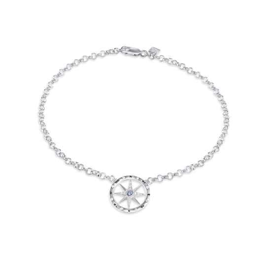 Sterling Silver Compass Anklet with Blue CZ Accent.