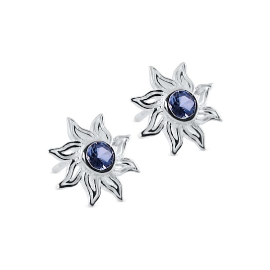Sterling Silver Sun Stud Earrings with Blue CZ Centers.