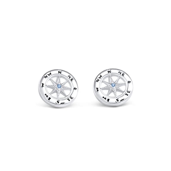Sterling Silver Compass Stud Earrings with Blue CZ Accents.