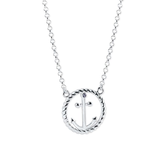Sterling Silver Anchor Circle Necklace with Rolo Chain and Blue CZ Accent.
