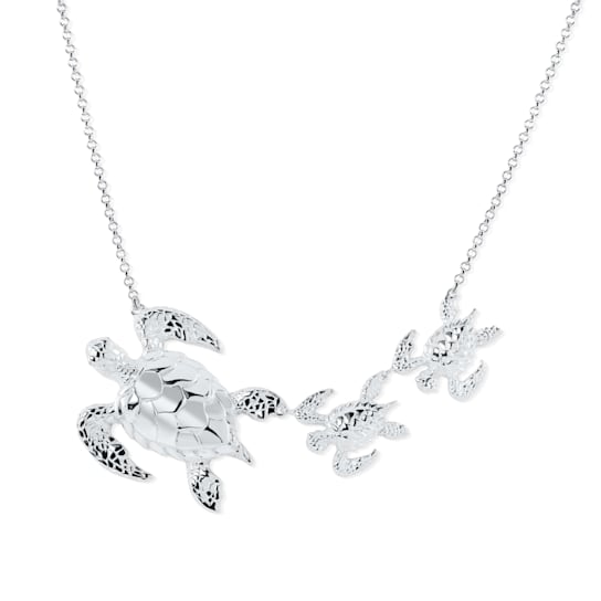 Sterling Silver Momma and Baby Sea Turtles Necklace with Rolo Chain.